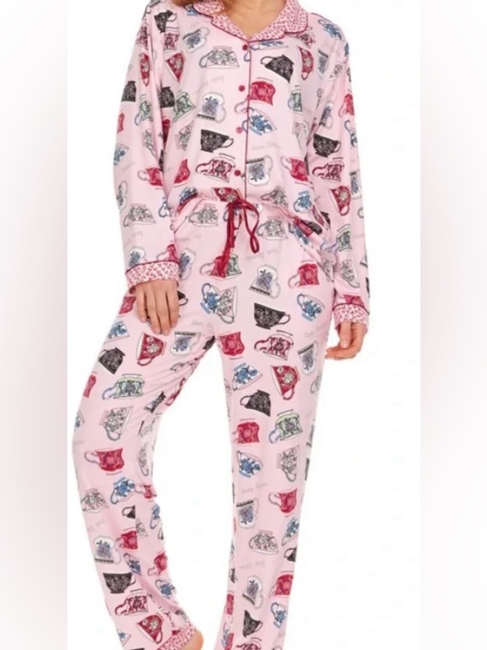Flora Nikrooz Pink Teapot & Floral Long Sleeve Notch Collar PJ Set xxl NWT
